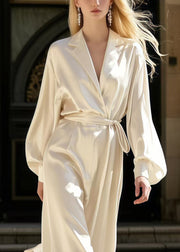 Women Milk White Notched Tie Waist Silk Overalls Jumpsuit Spring