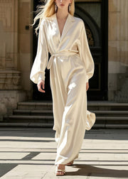 Women Milk White Notched Tie Waist Silk Overalls Jumpsuit Spring