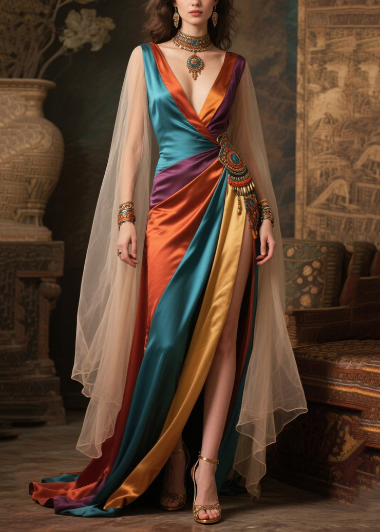 Women Mixed Color Deep-V neck Patchwork Exra Large Hem Dresses Summer