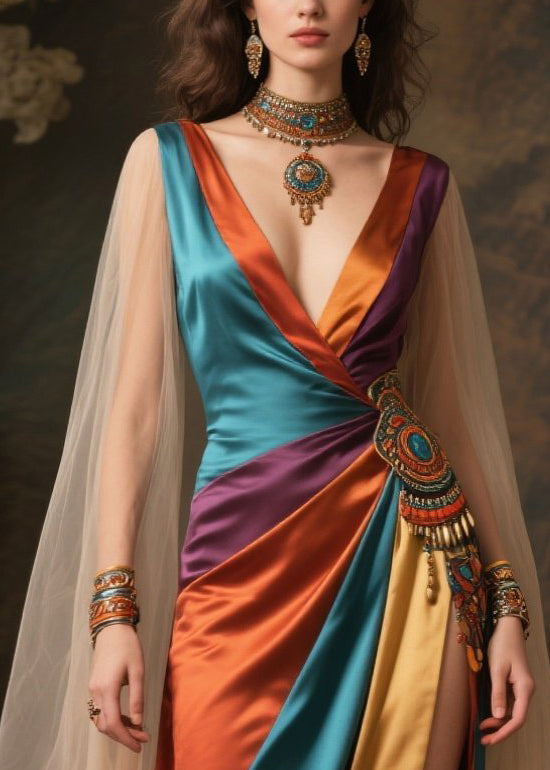 Women Mixed Color Deep-V neck Patchwork Exra Large Hem Dresses Summer