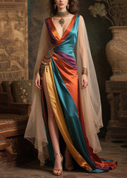 Women Mixed Color Deep-V neck Patchwork Exra Large Hem Dresses Summer