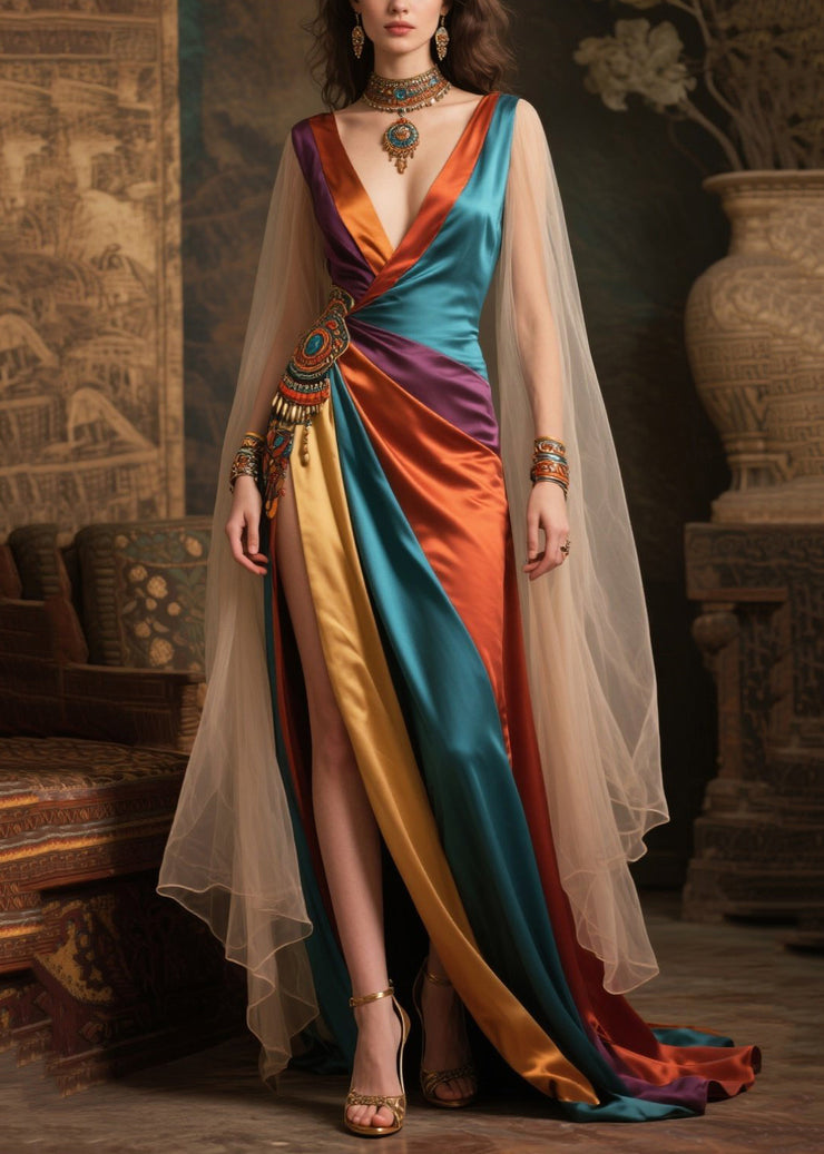 Women Mixed Color Deep-V neck Patchwork Exra Large Hem Dresses Summer