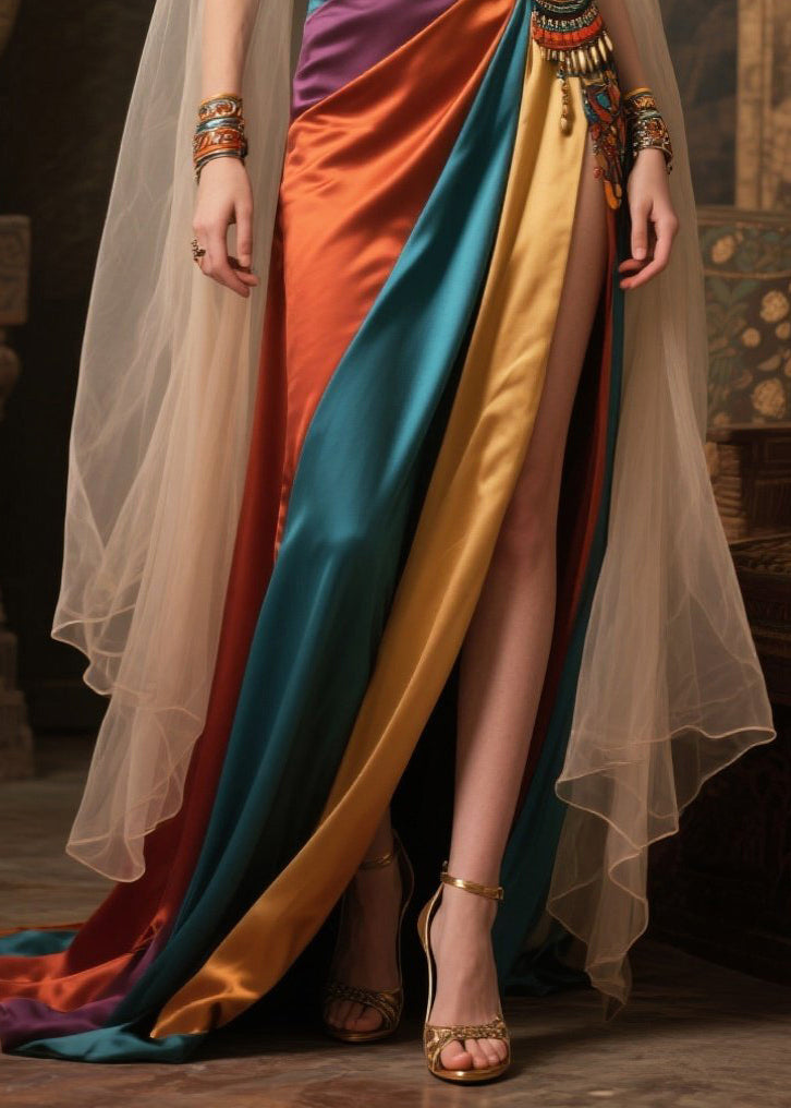 Women Mixed Color Deep-V neck Patchwork Exra Large Hem Dresses Summer