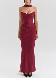 Women Mulberry Cold Shoulder Wrinkled Tulle Vacation Dresses Summer