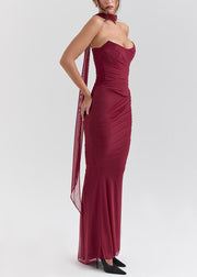 Women Mulberry Cold Shoulder Wrinkled Tulle Vacation Dresses Summer