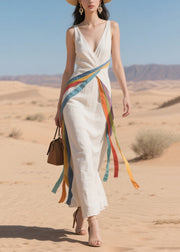 Women Multicolour Ribbon Asymmetrical Design Cotton Dress Summer