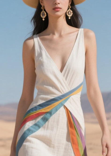 Women Multicolour Ribbon Asymmetrical Design Cotton Dress Summer
