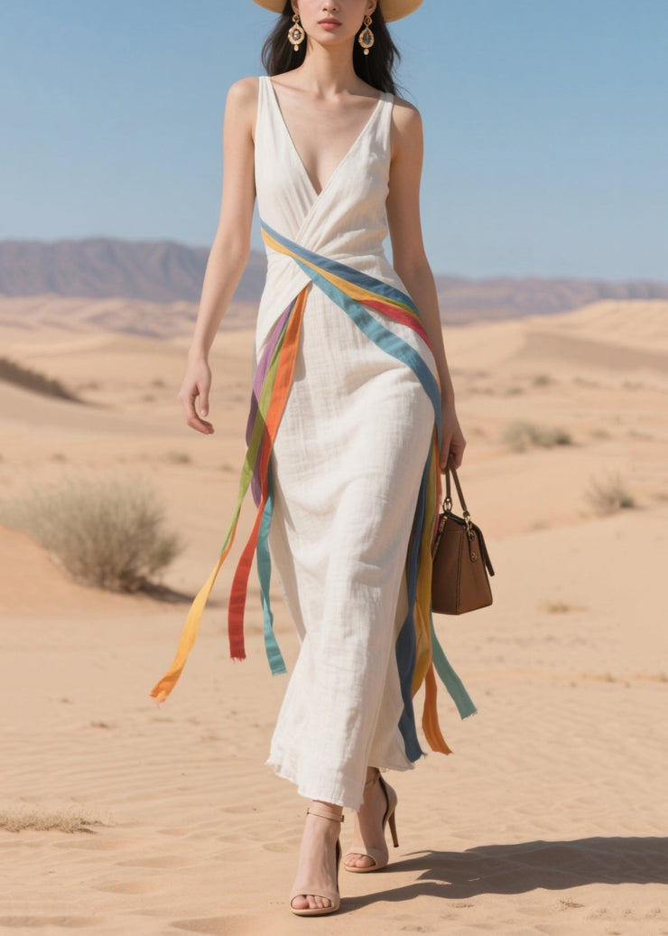 Women Multicolour Ribbon Asymmetrical Design Cotton Dress Summer