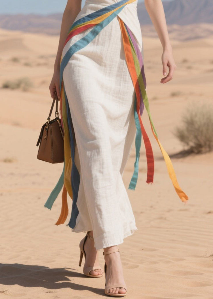 Women Multicolour Ribbon Asymmetrical Design Cotton Dress Summer