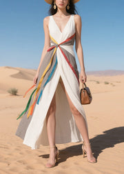 Women Multicolour Ribbon Patchwork Side Open Cotton Sundress Summer
