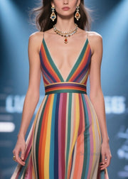 Women Multicolour Striped Flower Decorated Chiffon Evening Dress Summer
