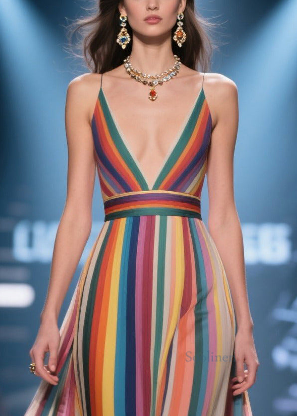 Women Multicolour Striped Flower Decorated Chiffon Evening Dress Summer
