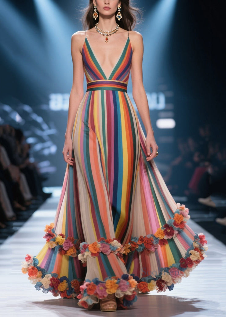 Women Multicolour Striped Flower Decorated Chiffon Evening Dress Summer