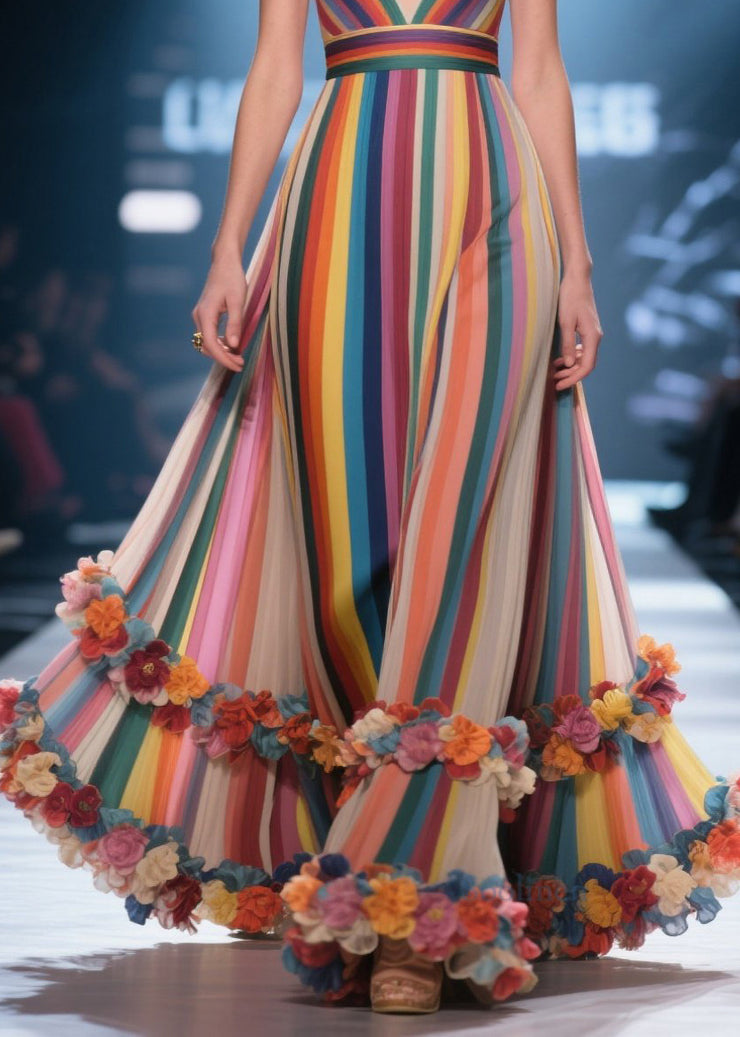 Women Multicolour Striped Flower Decorated Chiffon Evening Dress Summer