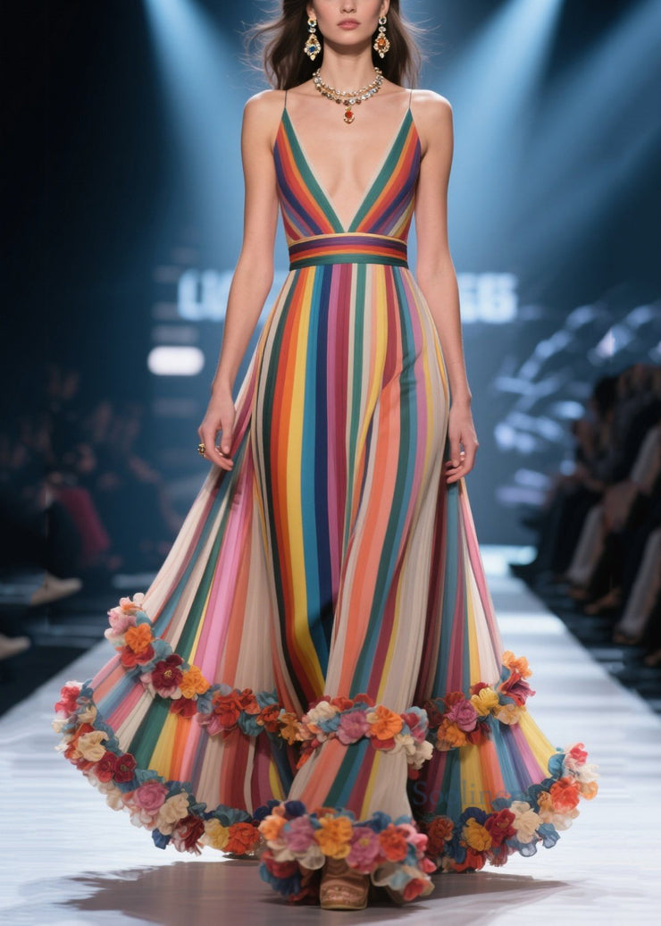 Women Multicolour Striped Flower Decorated Chiffon Evening Dress Summer