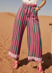 Women Multicolour Striped Patchwork Lace Straight Pants Summer