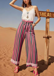 Women Multicolour Striped Patchwork Lace Straight Pants Summer