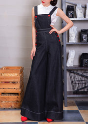 Women Navy Button Denim Strap Wide Leg Jumpsuit Fall