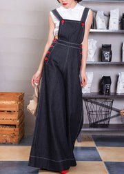 Women Navy Button Denim Strap Wide Leg Jumpsuit Fall