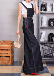 Women Navy Button Denim Strap Wide Leg Jumpsuit Fall