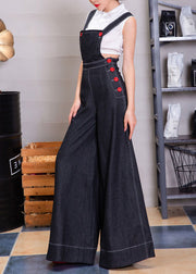 Women Navy Button Denim Strap Wide Leg Jumpsuit Fall
