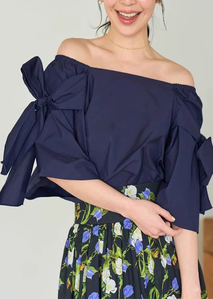 Women Navy Cold Shoulder Cotton Shirt Top Summer