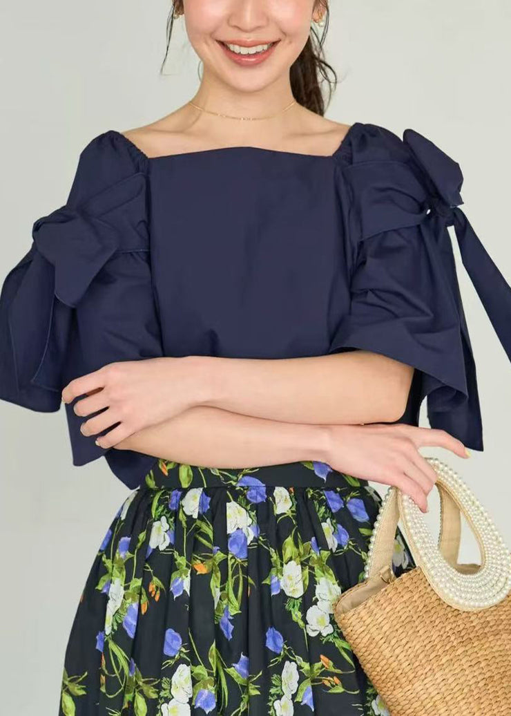 Women Navy Cold Shoulder Cotton Shirt Top Summer