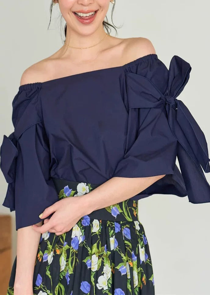 Women Navy Cold Shoulder Cotton Shirt Top Summer