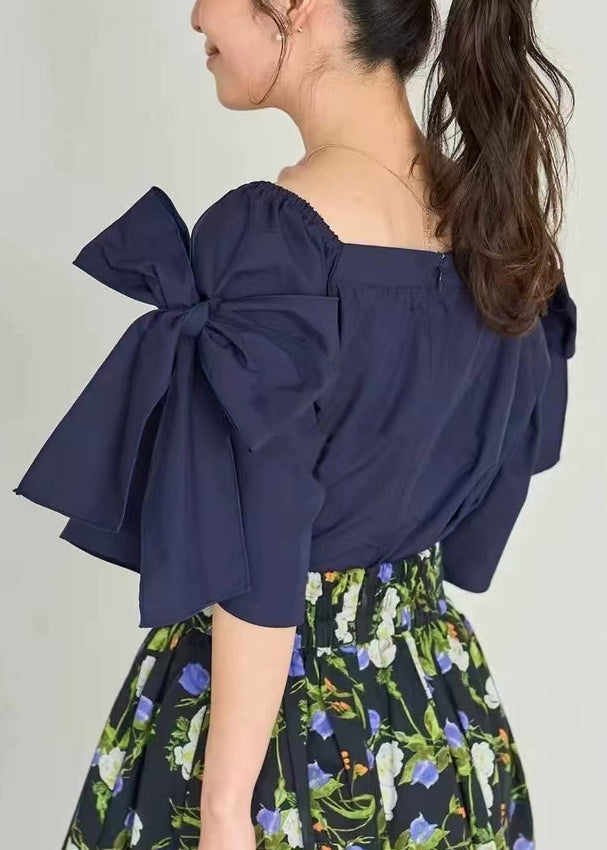 Women Navy Cold Shoulder Cotton Shirt Top Summer