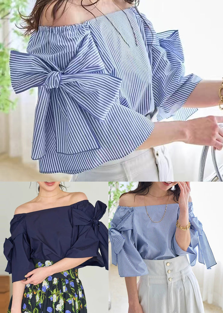 Women Navy Cold Shoulder Cotton Shirt Top Summer