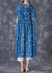 Women Navy Lace Up Tie Dye Linen Dresses Summer