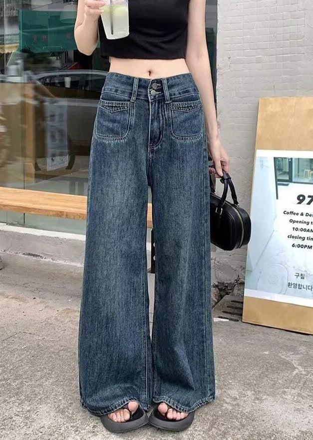 Women Navy Oversized Denim Straight Pants Fall