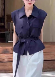 Women Navy Peter Pan Collar Button Cotton Shirt Sleeveless