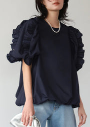 Women Navy Ruffled Oversized Cotton Tops Puff Sleeve
