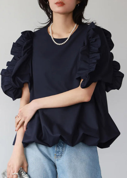 Women Navy Ruffled Oversized Cotton Tops Puff Sleeve