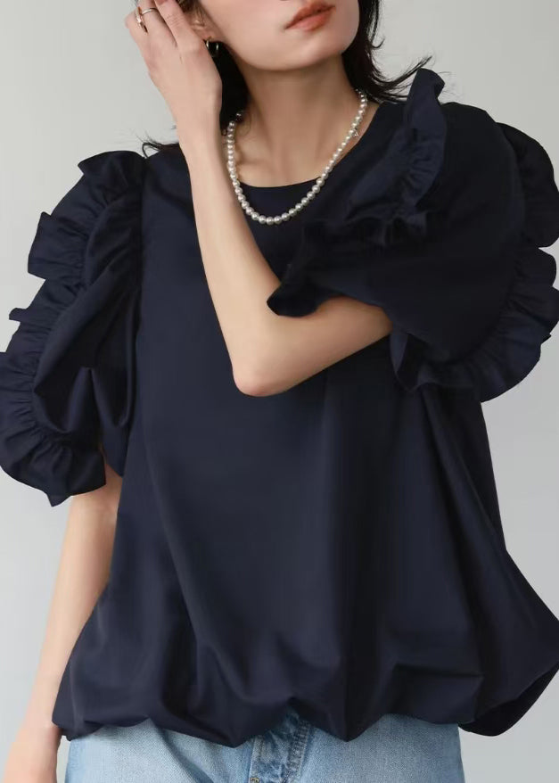 Women Navy Ruffled Oversized Cotton Tops Puff Sleeve