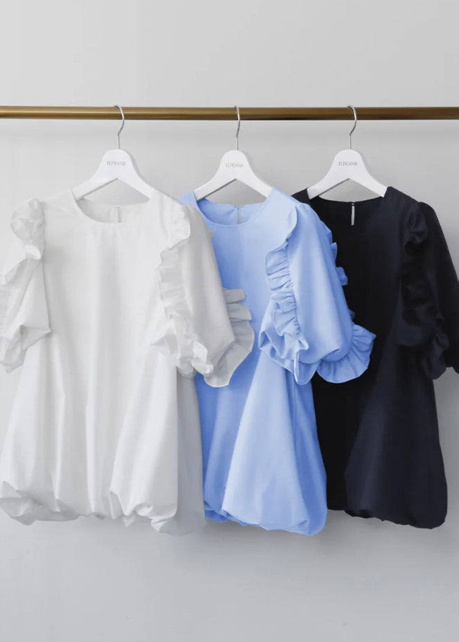 Women Navy Ruffled Oversized Cotton Tops Puff Sleeve