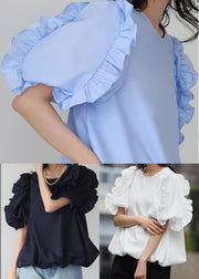 Women Navy Ruffled Oversized Cotton Tops Puff Sleeve