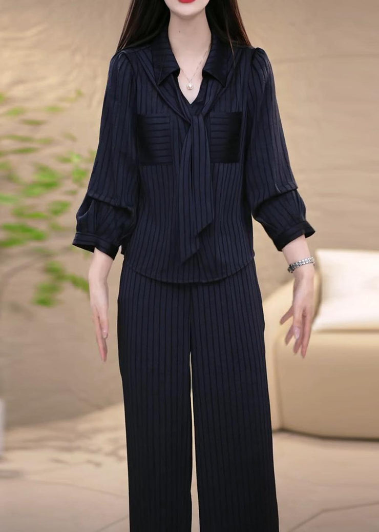 Women Navy Striped Draping Spandex Two Pieces Set Fall