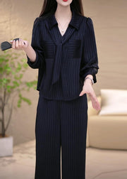 Women Navy Striped Draping Spandex Two Pieces Set Fall