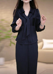 Women Navy Striped Draping Spandex Two Pieces Set Fall