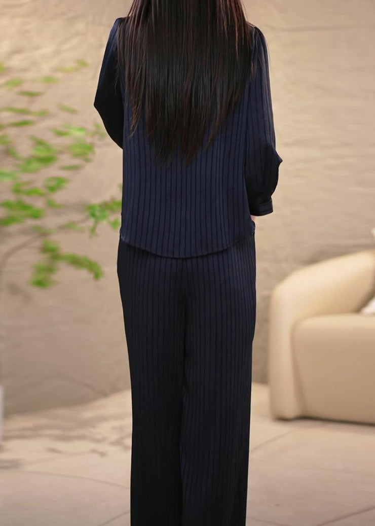 Women Navy Striped Draping Spandex Two Pieces Set Fall
