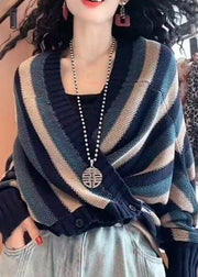 Women Navy V Neck Striped Button Knit Coats Fall
