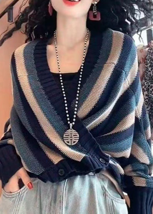 Women Navy V Neck Striped Button Knit Coats Fall