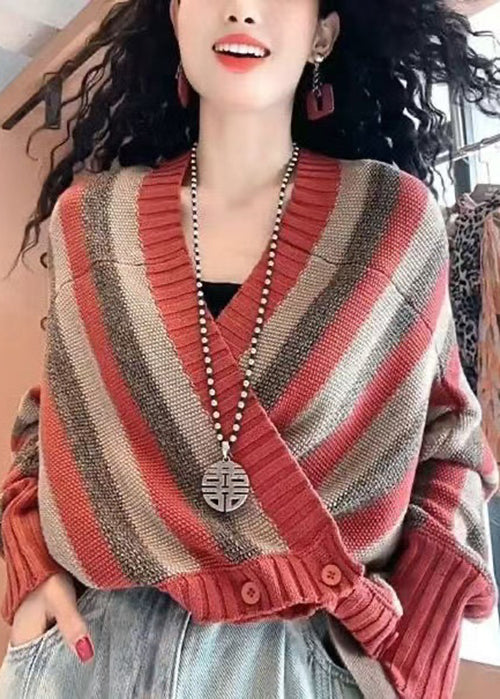 Women Navy V Neck Striped Button Knit Coats Fall