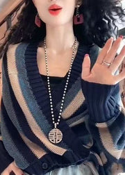 Women Navy V Neck Striped Button Knit Coats Fall