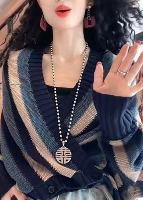 Women Navy V Neck Striped Button Knit Coats Fall