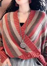 Women Navy V Neck Striped Button Knit Coats Fall