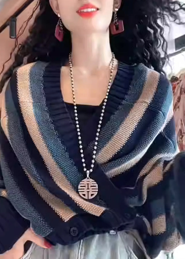 Women Navy V Neck Striped Button Knit Coats Fall
