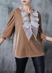 Women Nude Oversized Patchwork Silk Velour Shirts Spring